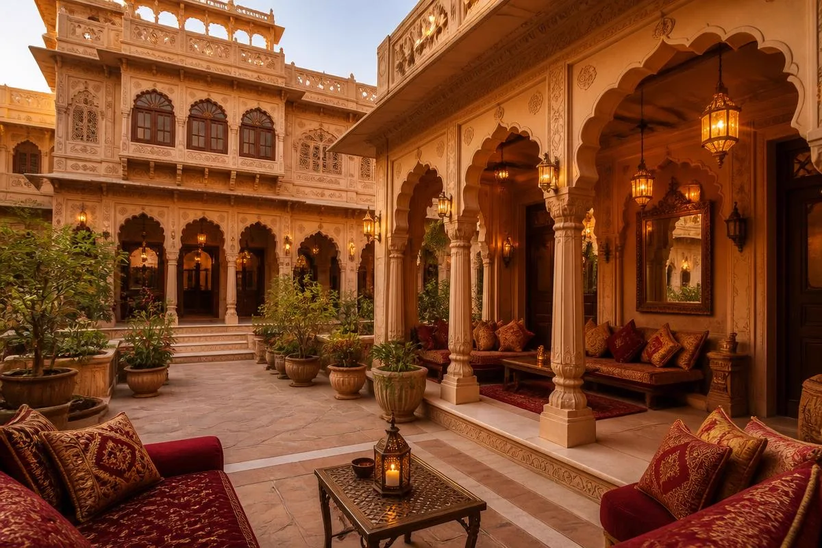Heritage haveli courtyard with Rajasthani architecture and lantern light