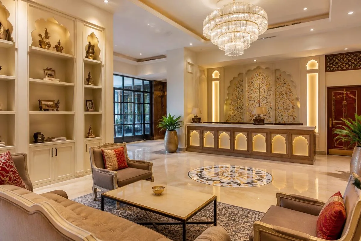 Elegant mid-range boutique hotel lobby in Jaipur Rajasthan